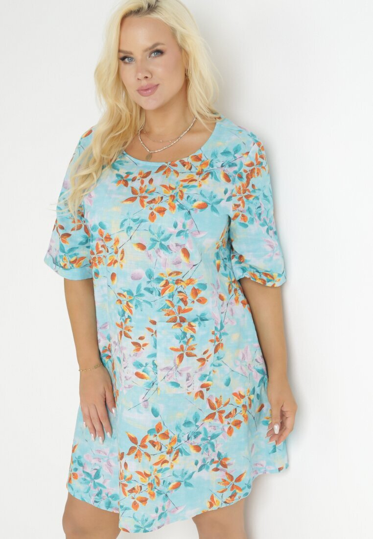 bludeise Rochie Albastră Deschisă Trapezoidală Mini din Vâscoză cu Flori Donnia