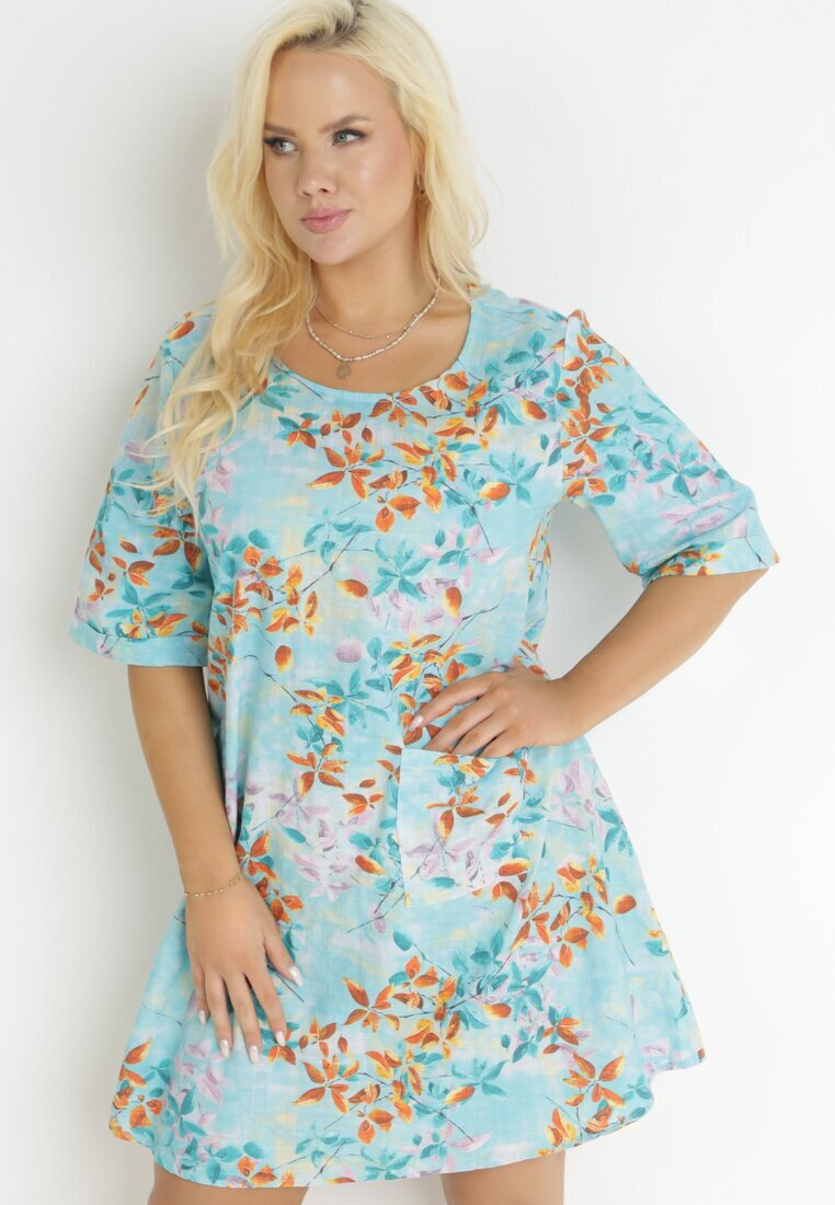 bludeise Rochie Albastră Deschisă Trapezoidală Mini din Vâscoză cu Flori Donnia