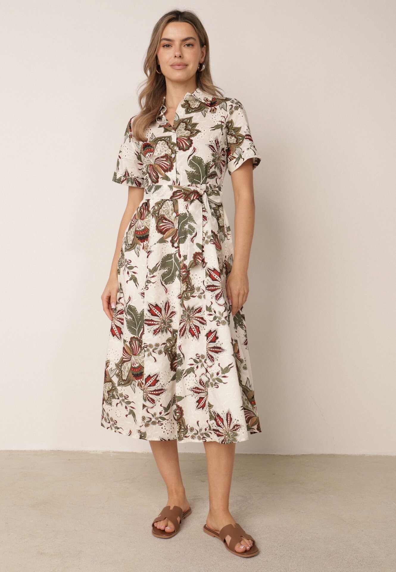 bludeise Rochie-cămașă din țesătură de bumbac cu broderie cu model floral Karicea Verde