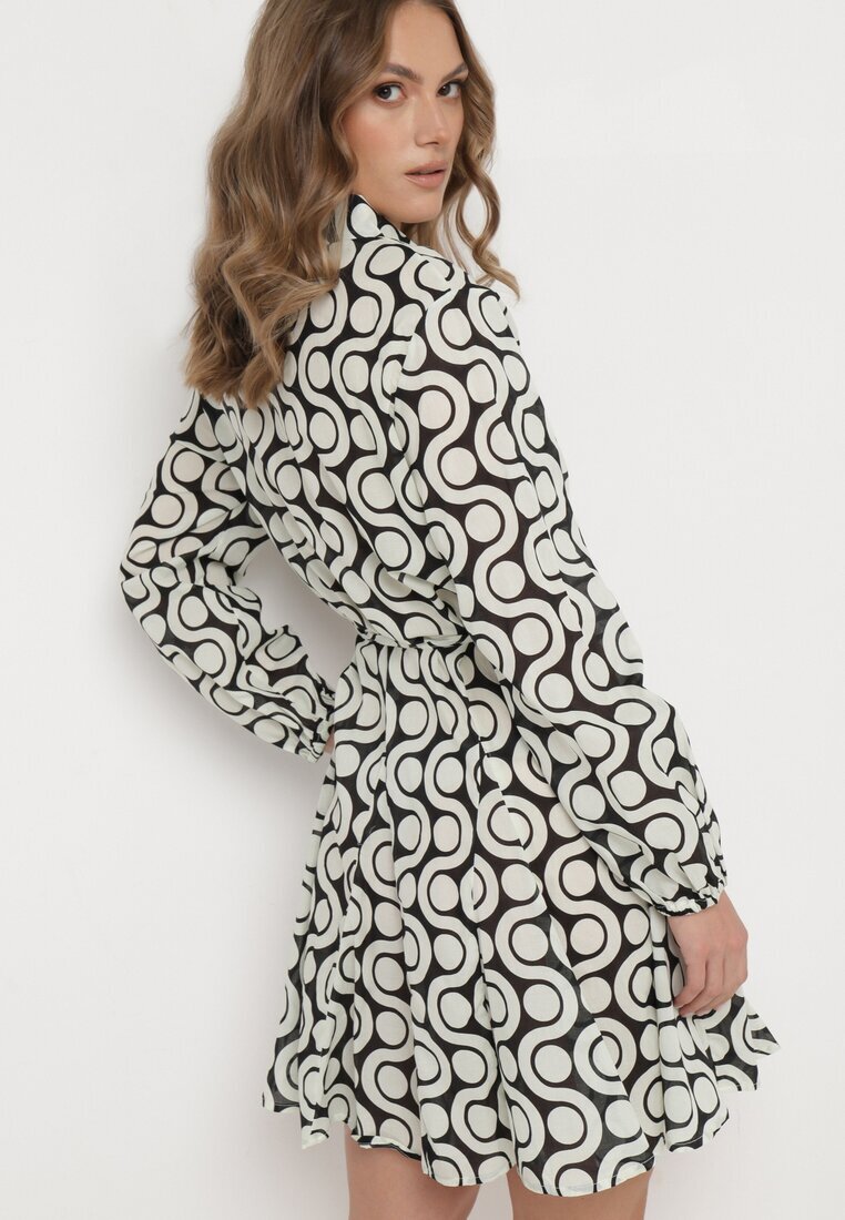 bludeise Rochie Mini Bej și Neagră din bumbac cu model geometric Frenia