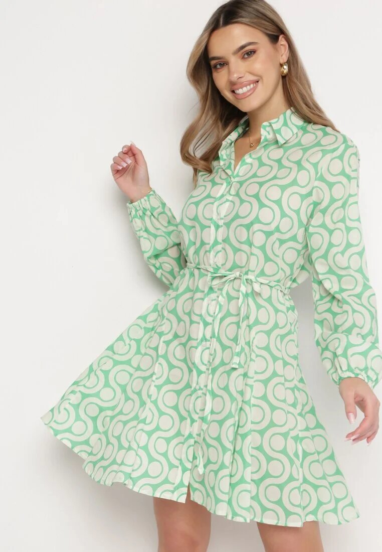 bludeise Rochie Mini de Bumbac Verde-Bej cu Imprimeu Geometric Frenia