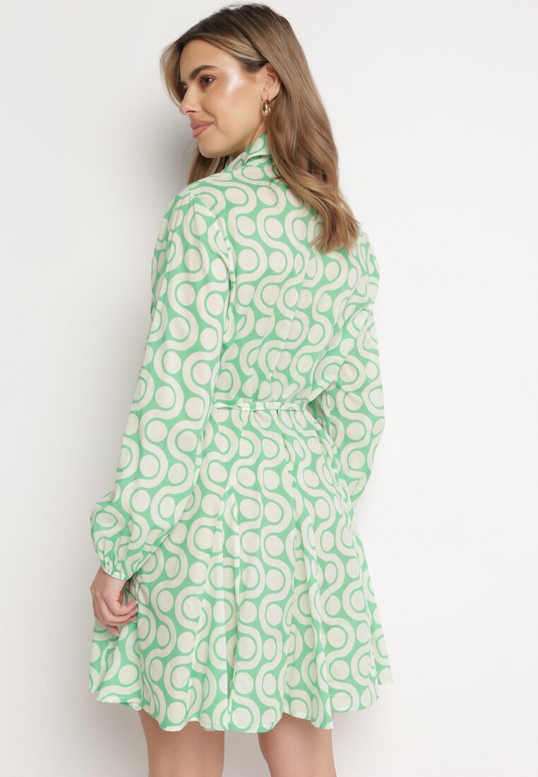 bludeise Rochie Mini de Bumbac Verde-Bej cu Imprimeu Geometric Frenia