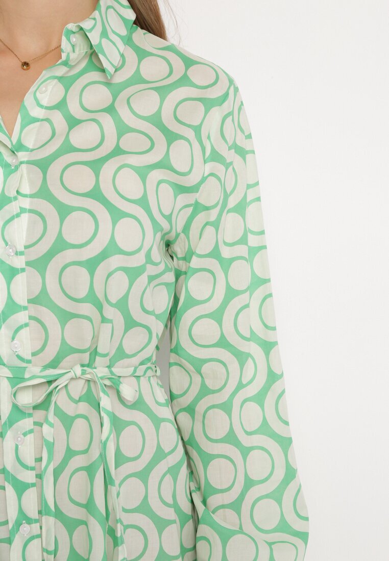 bludeise Rochie Mini de Bumbac Verde-Bej cu Imprimeu Geometric Frenia
