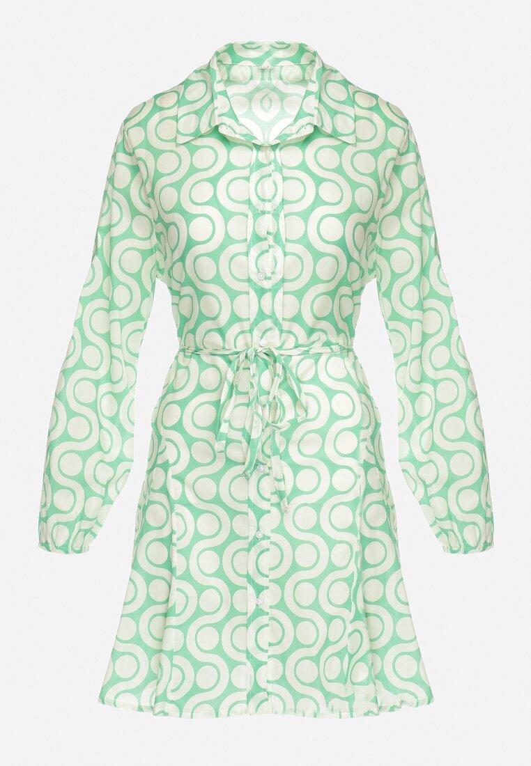 bludeise Rochie Mini de Bumbac Verde-Bej cu Imprimeu Geometric Frenia
