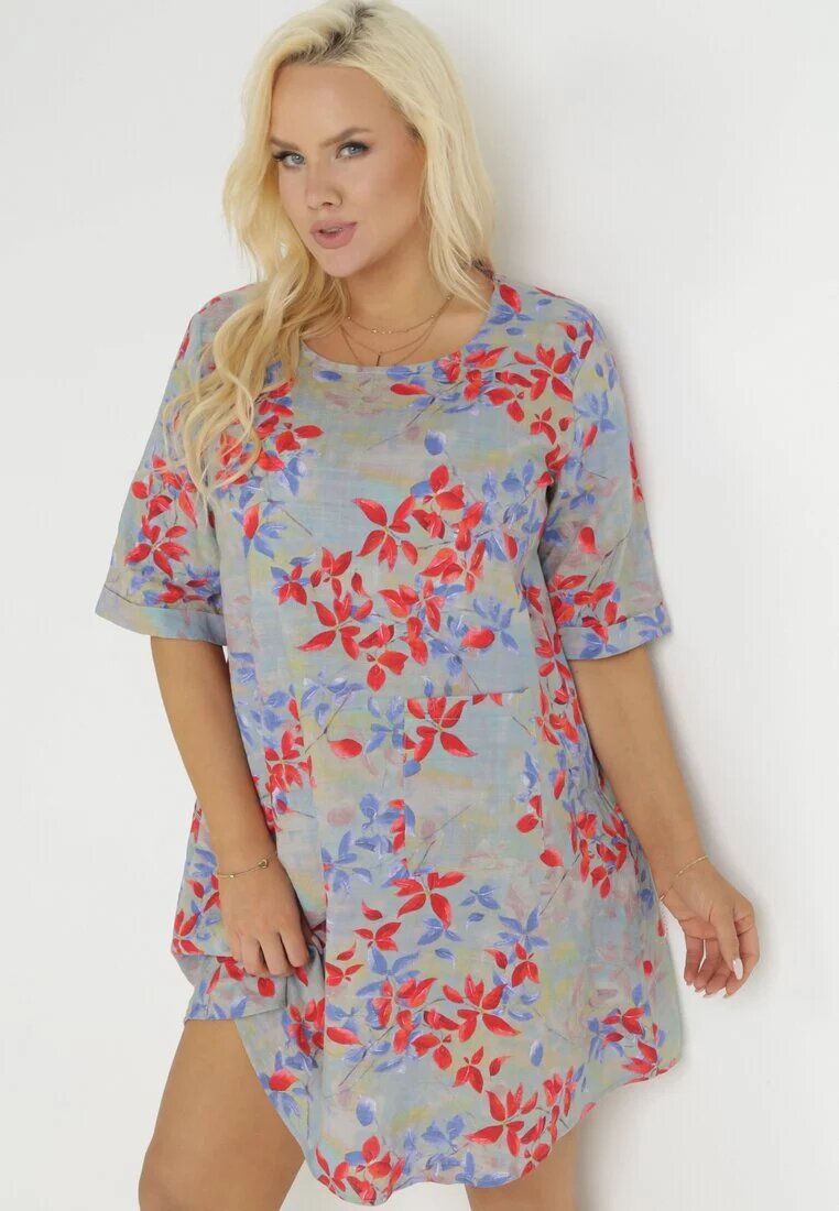 bludeise Rochie Mini Gri deschis Trapez din Viscoză cu Flori Donnia