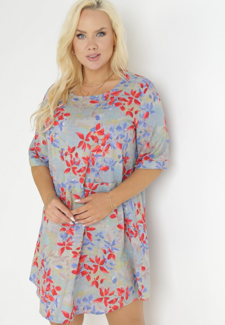 bludeise Rochie Mini Gri deschis Trapez din Viscoză cu Flori Donnia