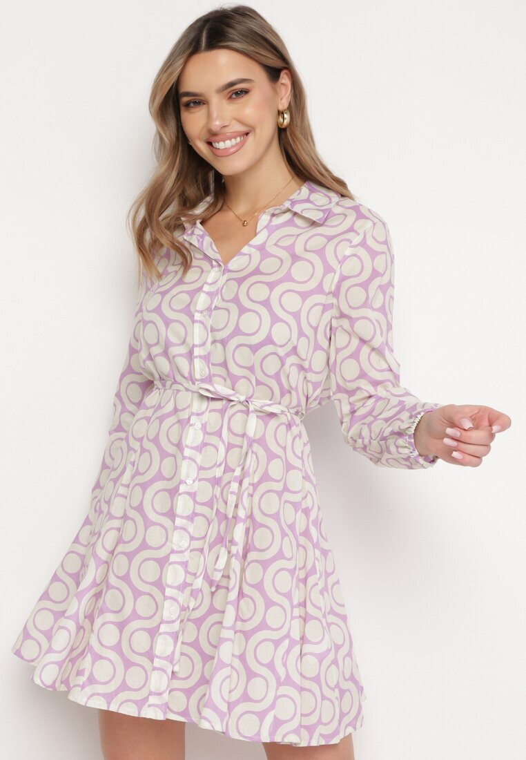 bludeise Rochie Violet-Bej din bumbac Mini cu model geometric Frenia