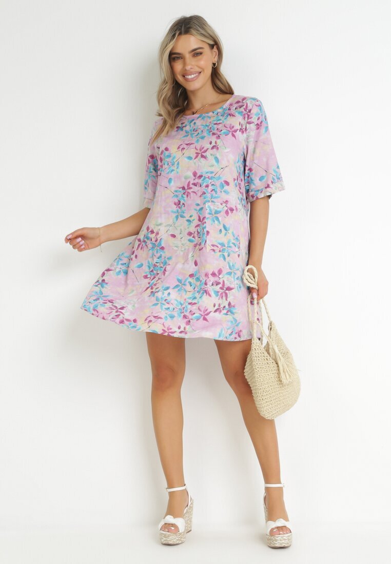 bludeise Rochie Violetă Tip trapez Mini din Viscoză cu Imprimeu Floral Donnia