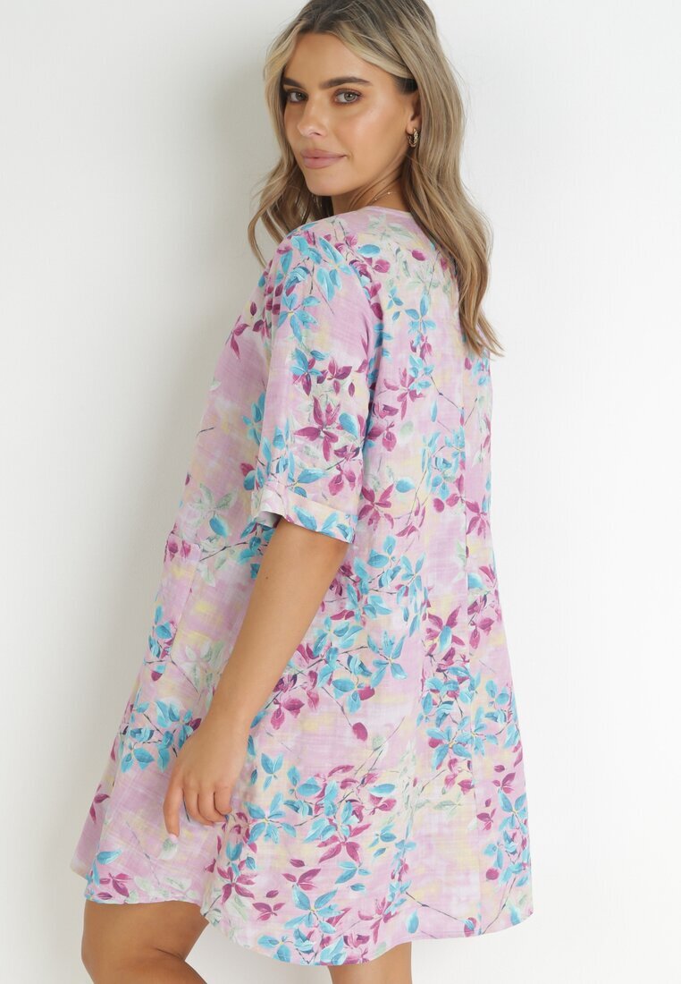 bludeise Rochie Violetă Tip trapez Mini din Viscoză cu Imprimeu Floral Donnia
