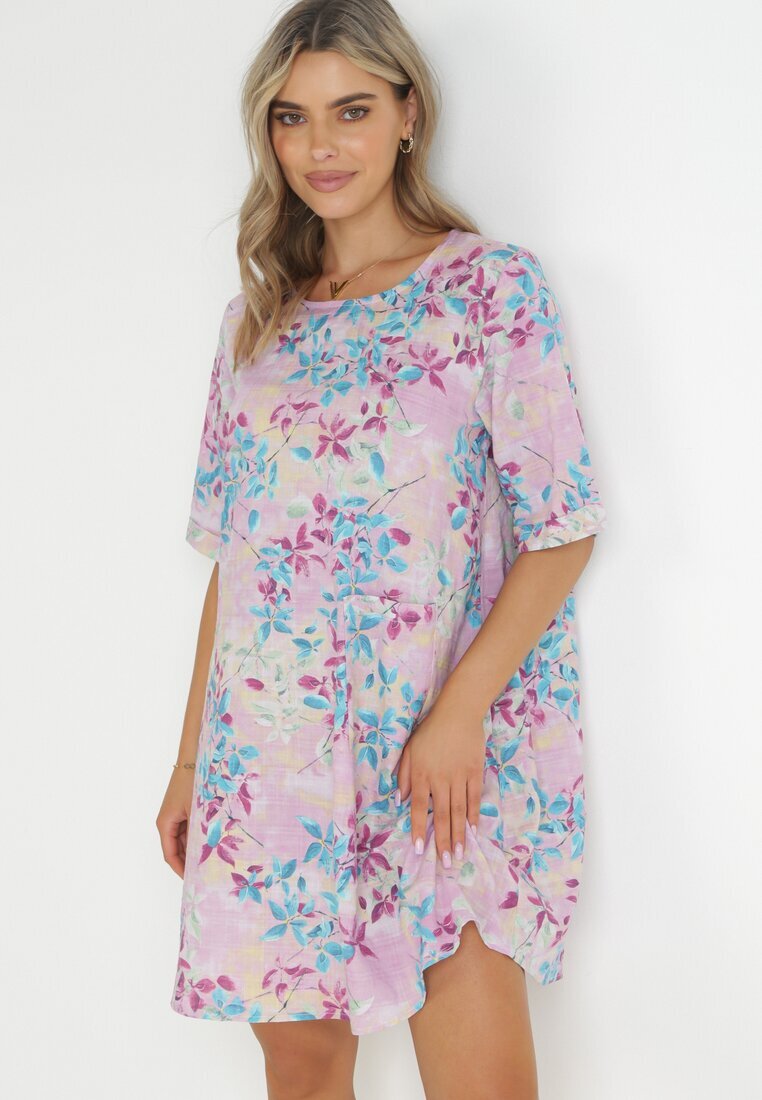 bludeise Rochie Violetă Tip trapez Mini din Viscoză cu Imprimeu Floral Donnia