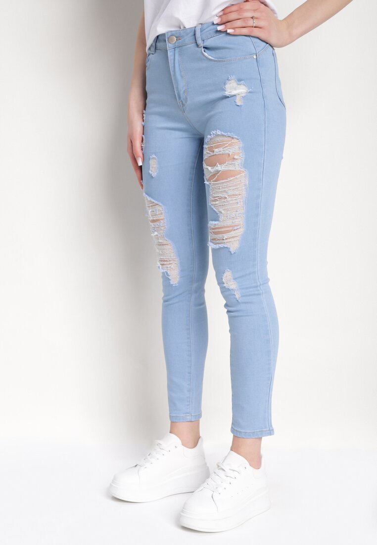 blue skk Blugi Skinny Albaștri cu Talie Înaltă și Găuri Lainera