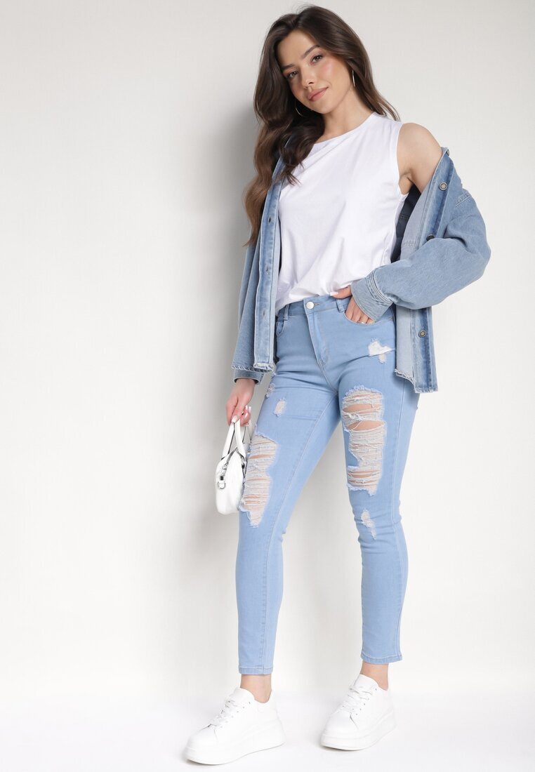 blue skk Blugi Skinny Albaștri cu Talie Înaltă și Găuri Lainera
