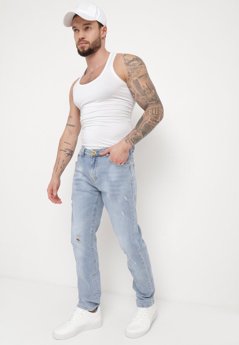  Blugi Skinny Albastri cu Rupturi și Buzunare înserate Faroria