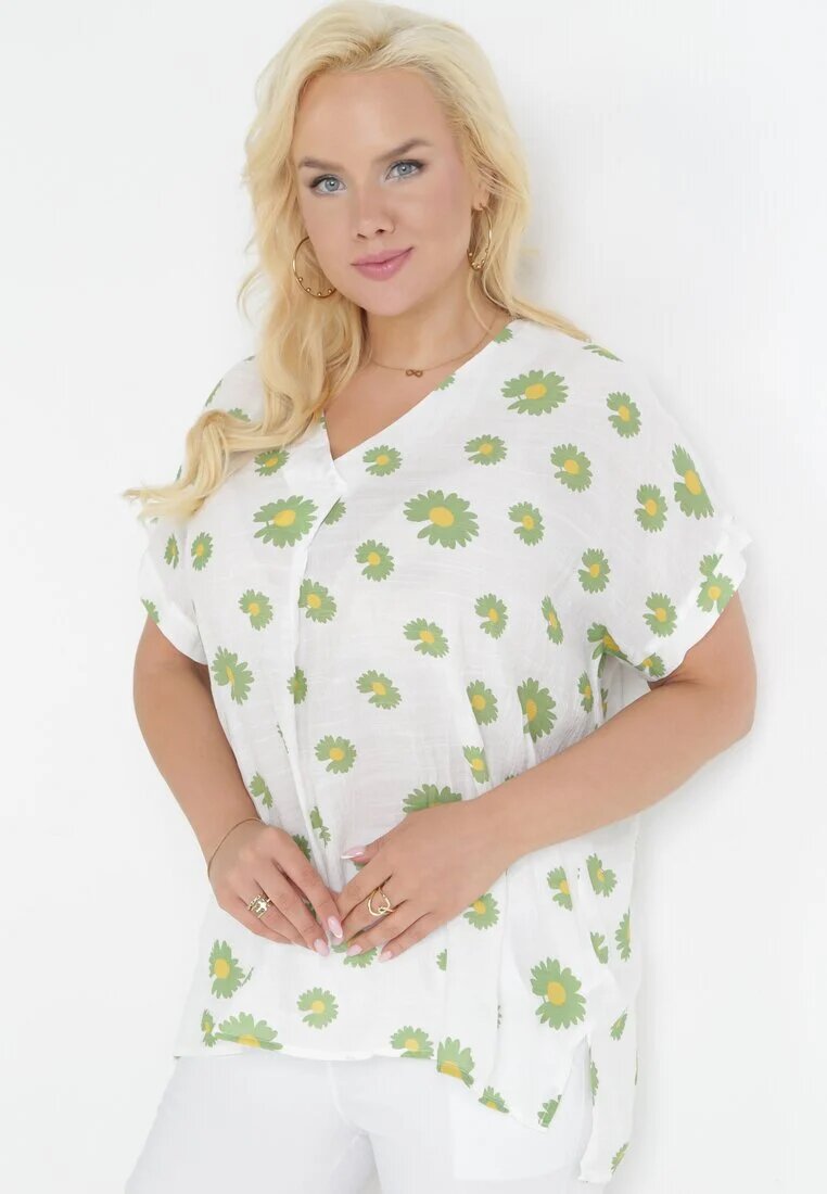  Bluză Alb-Verde în Stil Rustic cu Flori Aldora