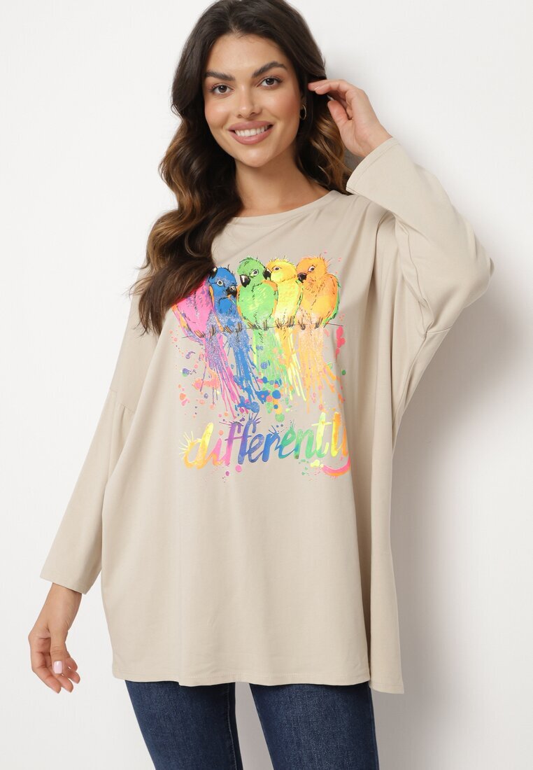  Bluză Bej Oversize din Bumbac cu Imprimeu Colorat și Sclipici Tailine