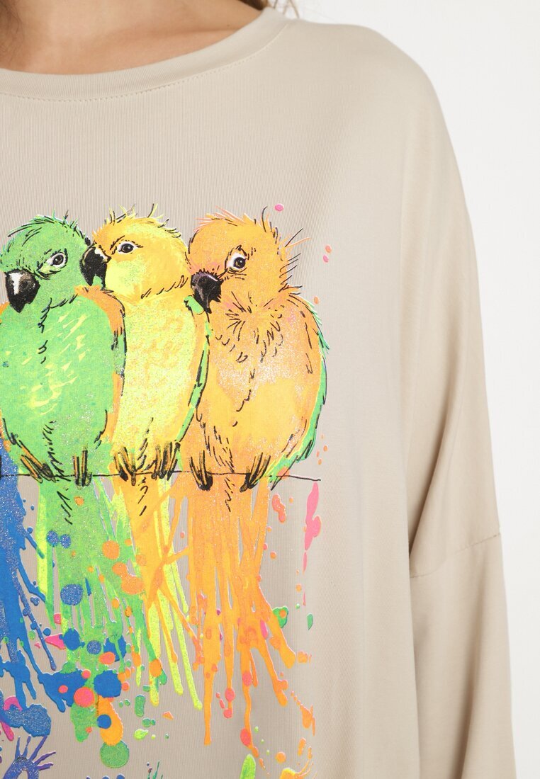  Bluză Bej Oversize din Bumbac cu Imprimeu Colorat și Sclipici Tailine
