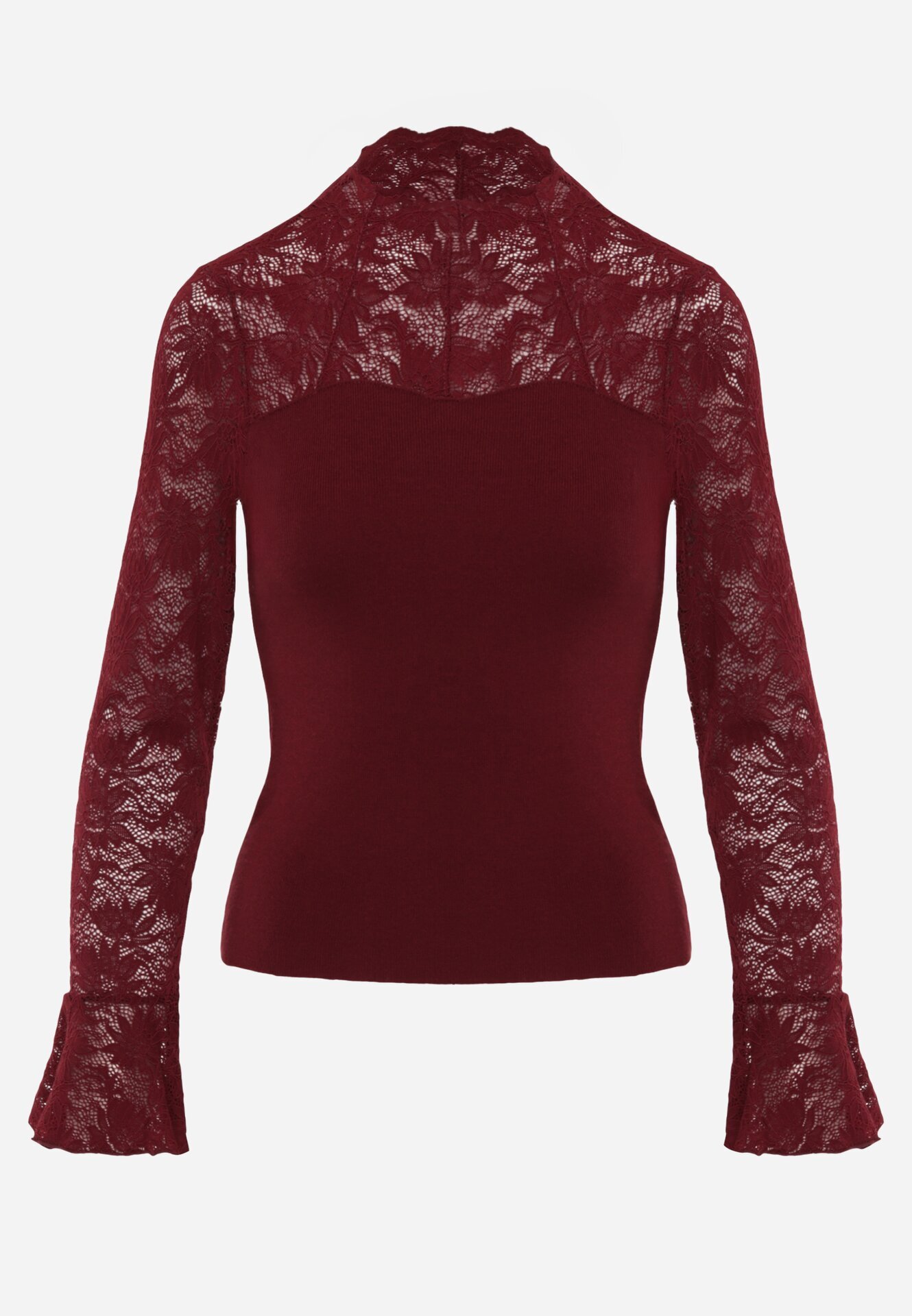  Bluză din tricot cu vâscoză decorată cu mâneci din dantelă și guler înalt Lushra Bordo