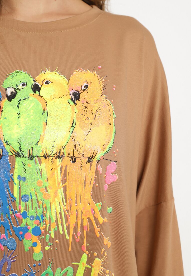  Bluză Maro Oversize din Bumbac cu Imprimeu Colorat și Sclipici Tailine