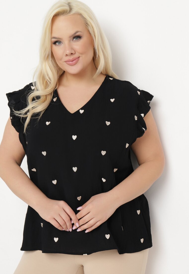  Bluzka Top Neagră cu Volane La Umeri cu Model Inimioare Salixia