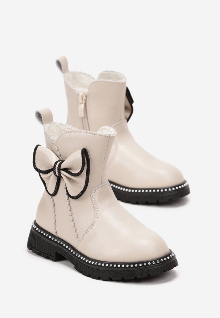  Botine Bej cu Nituri și Fundiță Decorativă Heloria