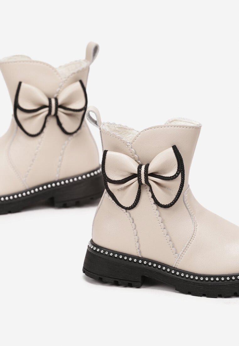  Botine Bej cu Nituri și Fundiță Decorativă Heloria