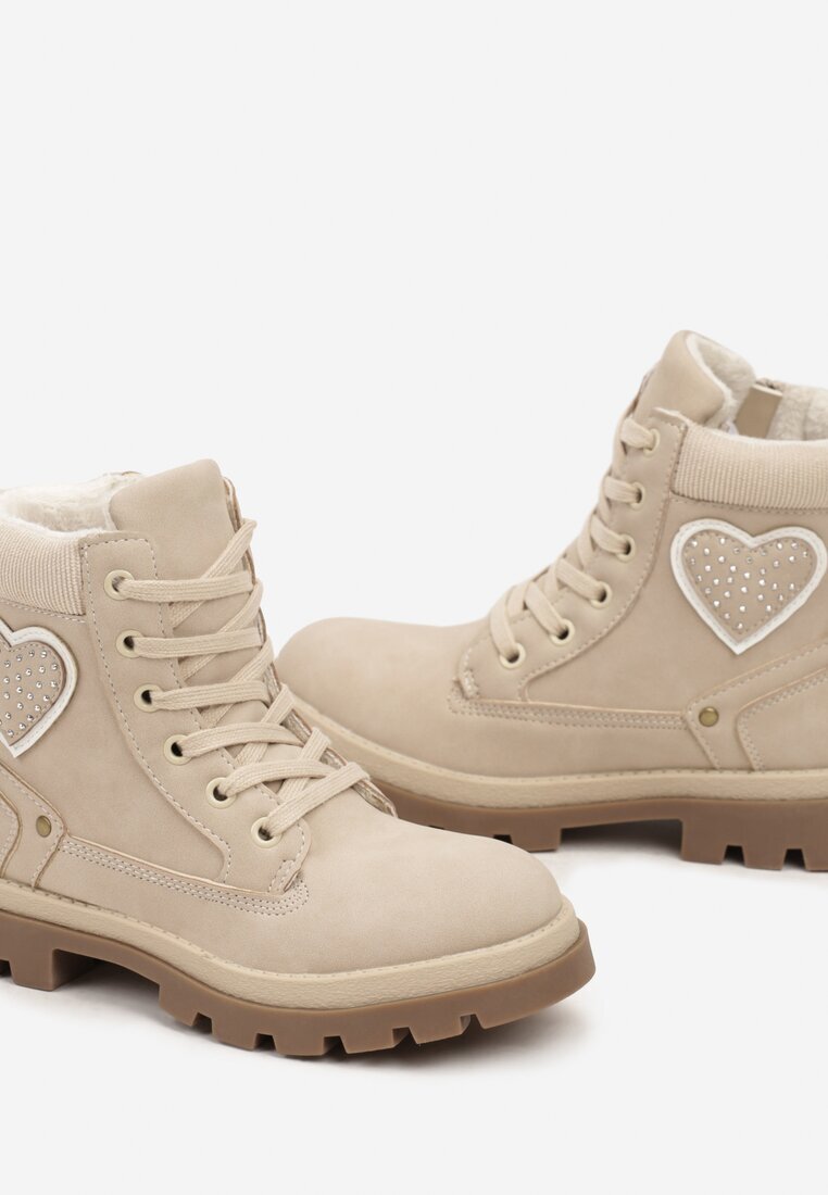  Botine Bej Plati Trapper Decorate cu inimă Leriscca