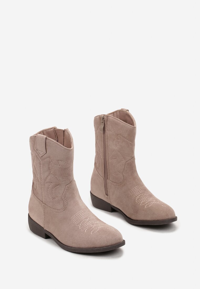  Botine Bej Stil Cowboy cu Cusături Taito