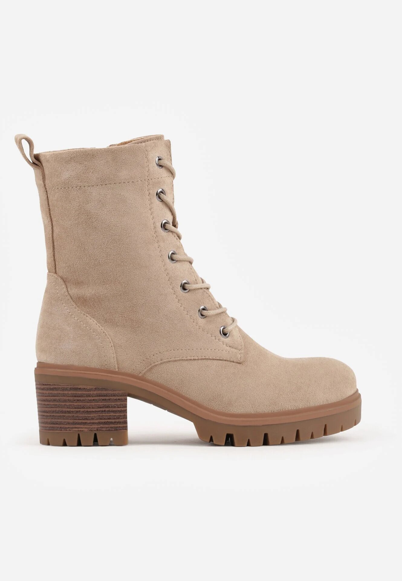  Botine Bej Stil Worker cu Toc Decorate cu Șireturi Timette
