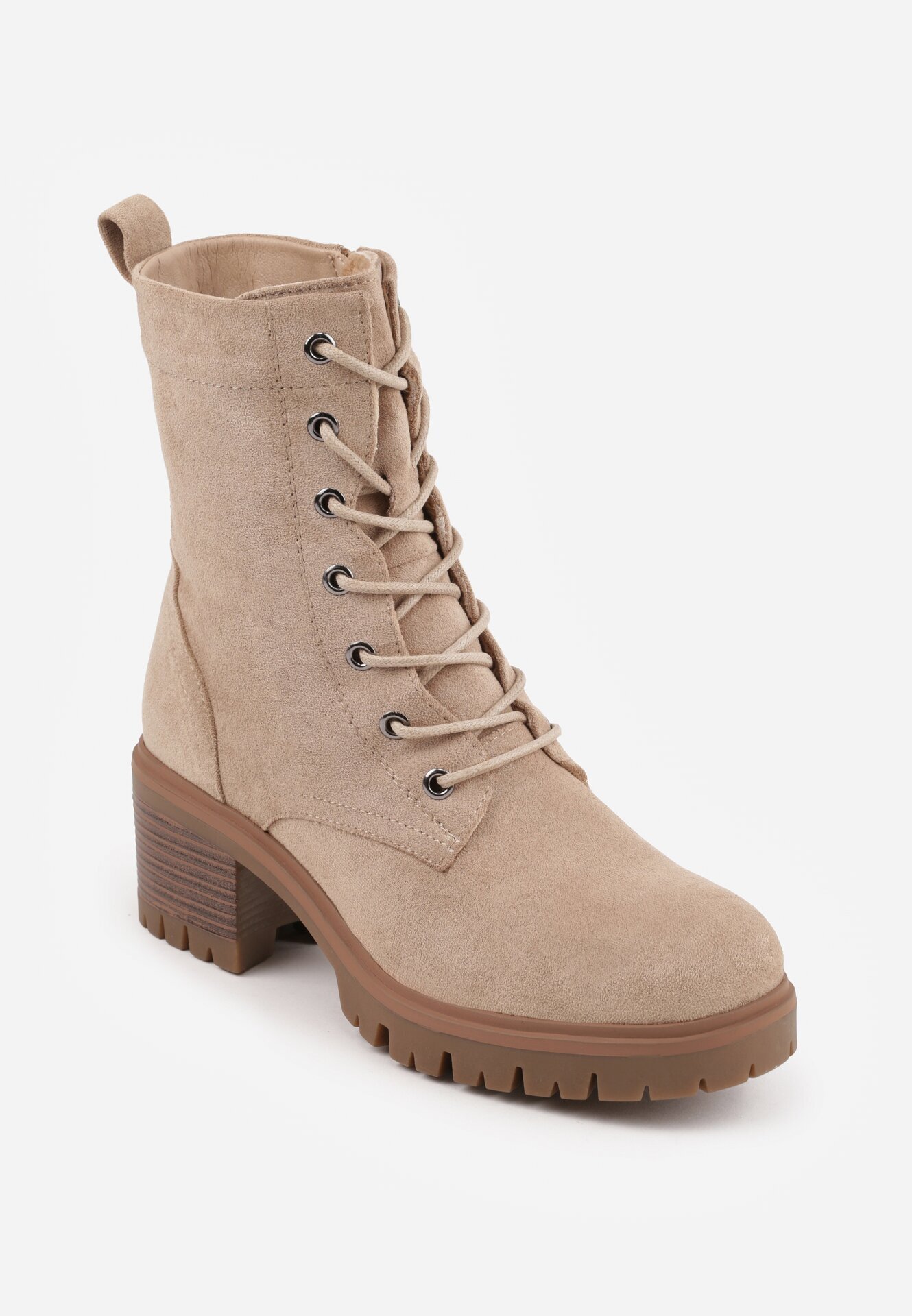  Botine Bej Stil Worker cu Toc Decorate cu Șireturi Timette