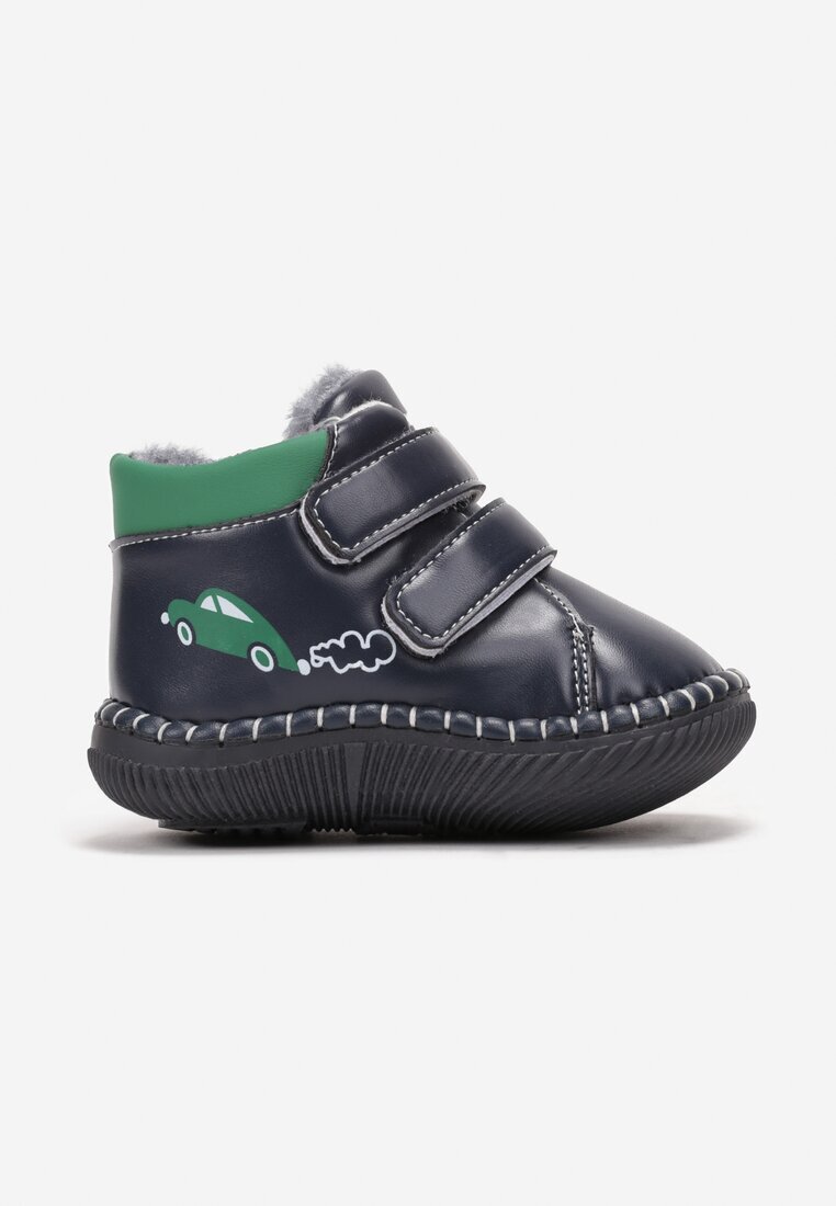  Botine Bleumarin-Verde cu Scai cu Talpă cu Bordură de Blană și Imprimeu Mașină Bellnia