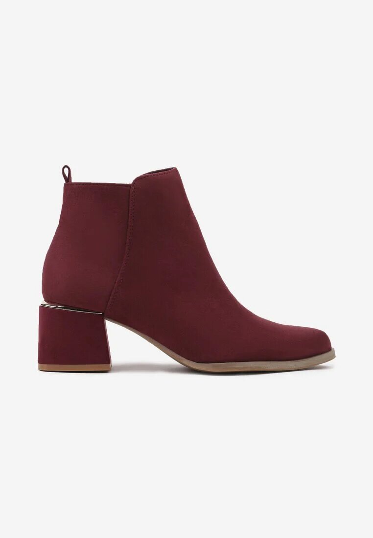  Botine Bordo din imitație de piele întoarsă cu toc bloc jos și inserție metalică Anorvia