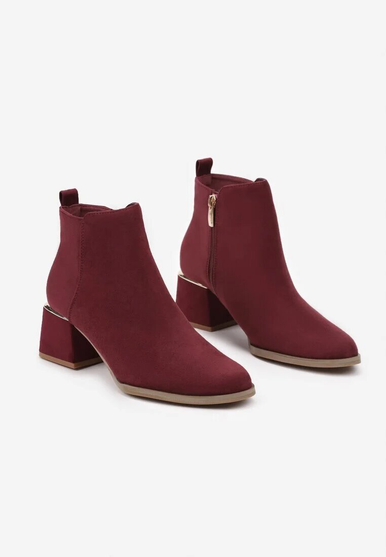  Botine Bordo din imitație de piele întoarsă cu toc bloc jos și inserție metalică Anorvia