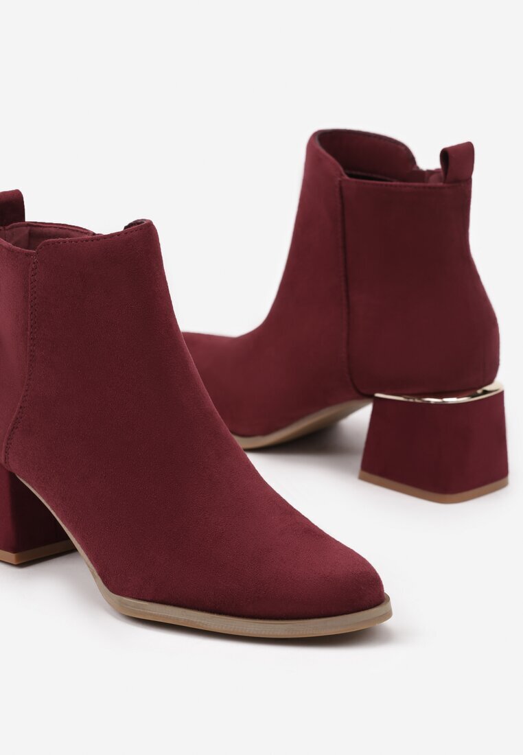  Botine Bordo din imitație de piele întoarsă cu toc bloc jos și inserție metalică Anorvia