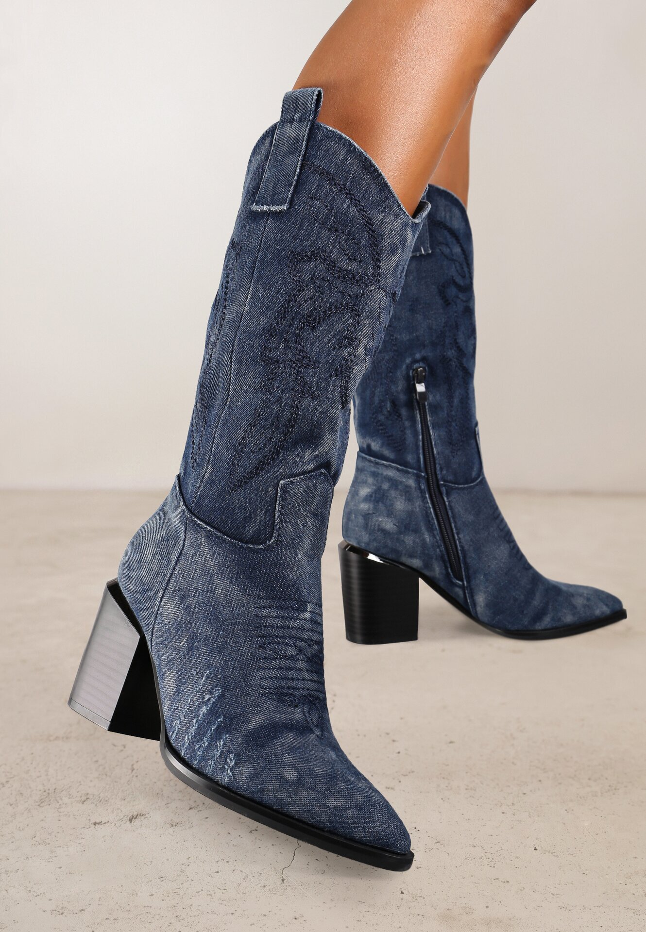  Botine Cowboy Bleumarin cu Toc și Broderie Laora