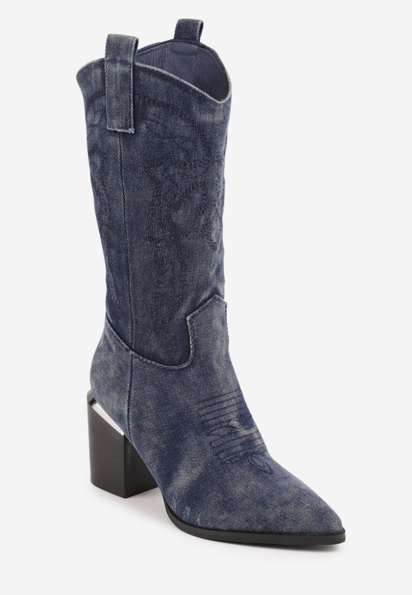  Botine Cowboy Bleumarin cu Toc și Broderie Laora