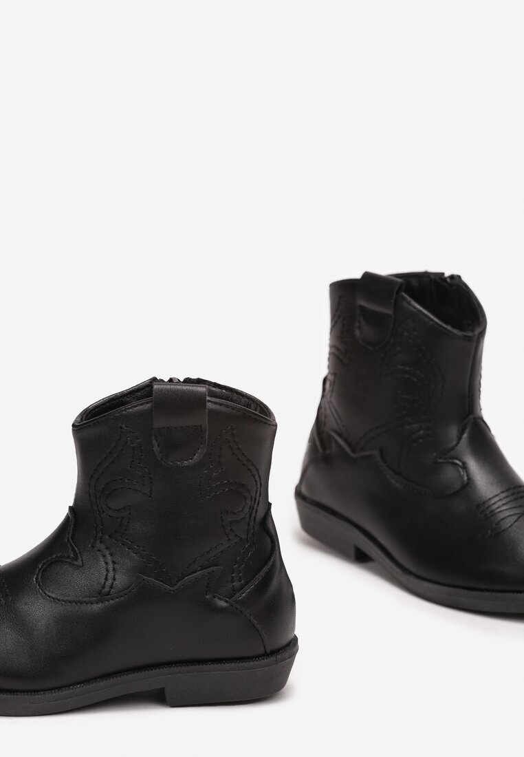  Botine Cowboy Negre cu Cusături pe Talpă Plată Lmelie