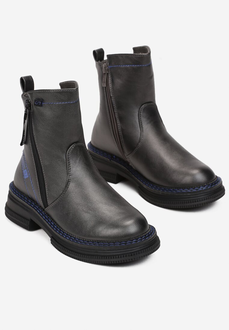  Botine Gri Metalice cu Fermoar Margind