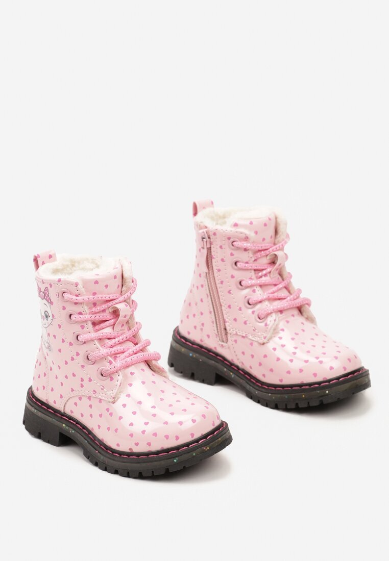  Botine Lăcuite Roze tip trapper Căptușite Gros Decorate Cu Motiv de Basm Zinnalina