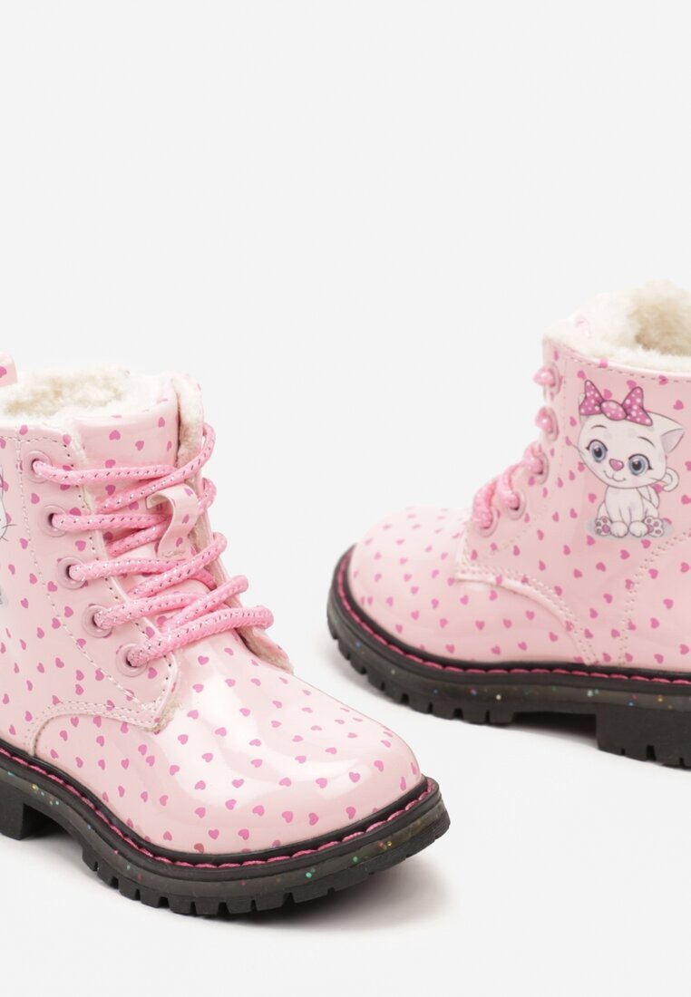  Botine Lăcuite Roze tip trapper Căptușite Gros Decorate Cu Motiv de Basm Zinnalina