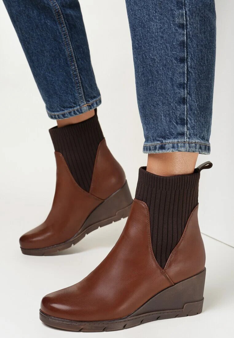  Botine maro cu carâmb elastic cu pană Ouban