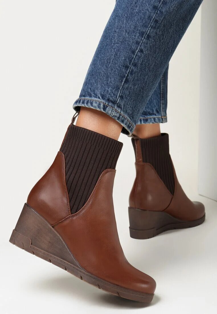  Botine maro cu carâmb elastic cu pană Ouban