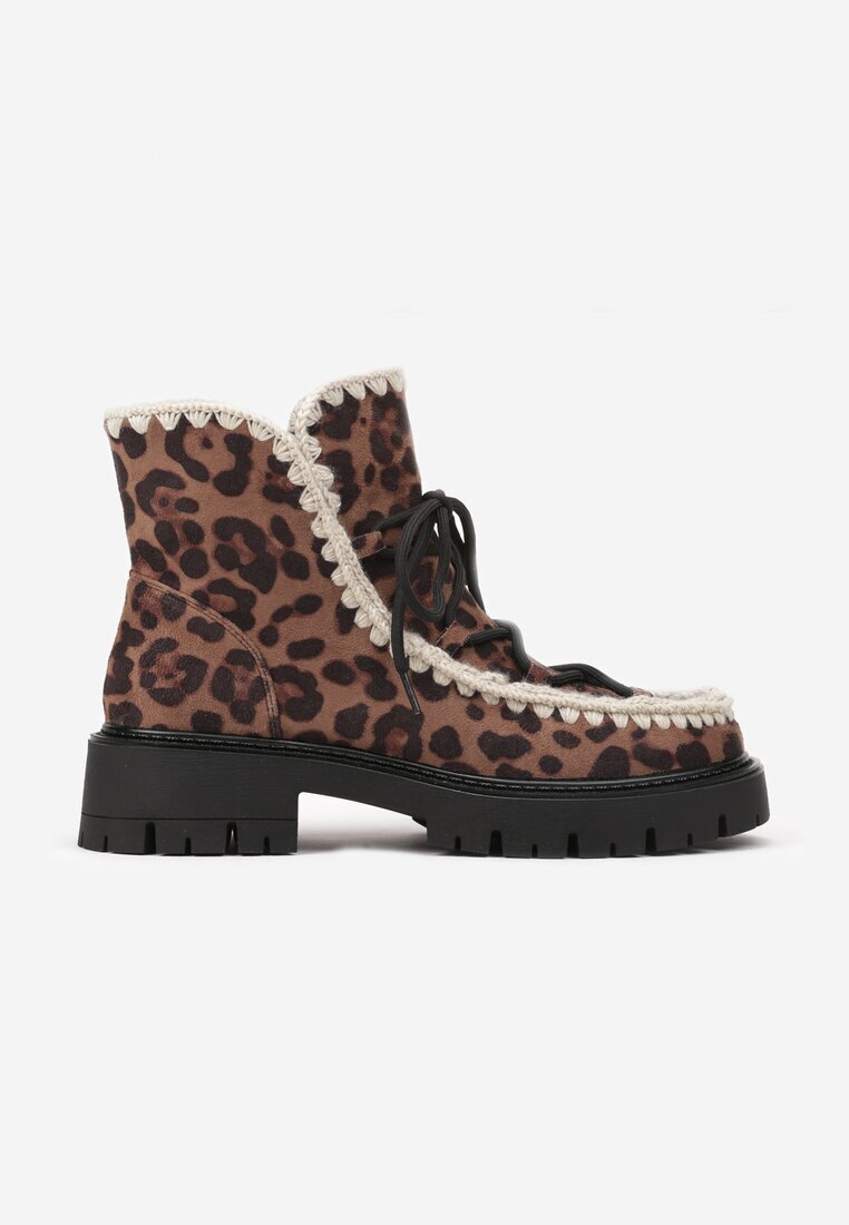  Botine Maro din imitație de piele întoarsă cu șireturi suplimentare decorate cu detalii brodate și cu model leopard Iveledi