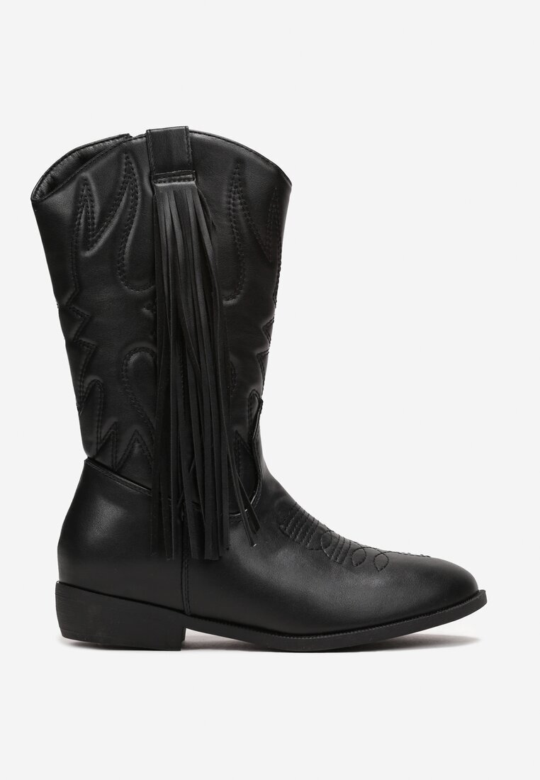  Botine Negre Cowboy cu Franjuri Lilianeta