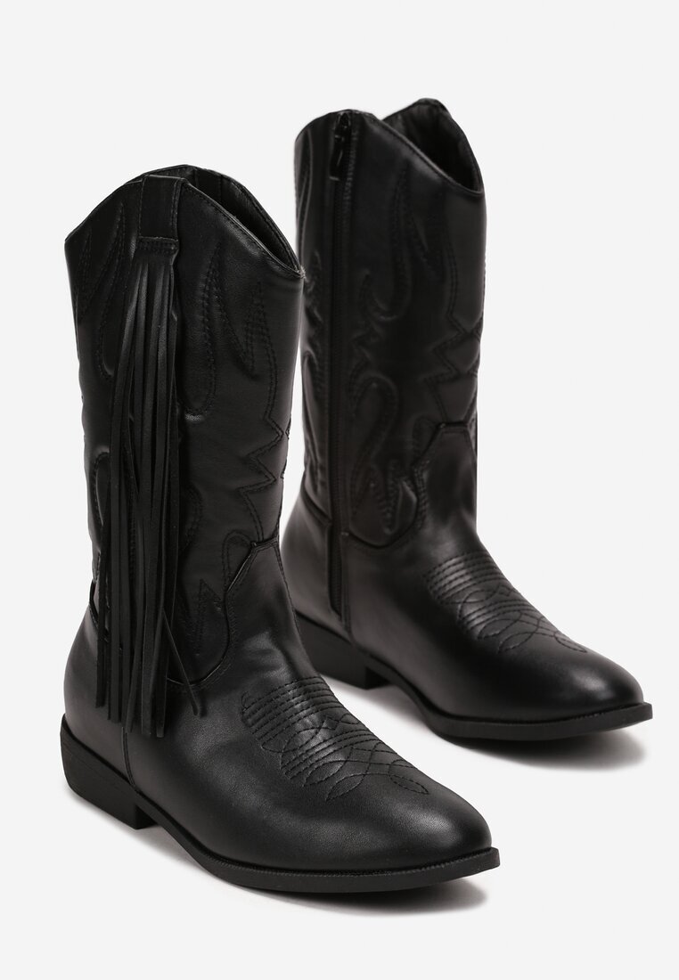  Botine Negre Cowboy cu Franjuri Lilianeta