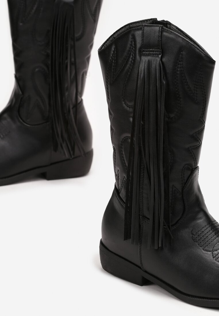  Botine Negre Cowboy cu Franjuri Lilianeta