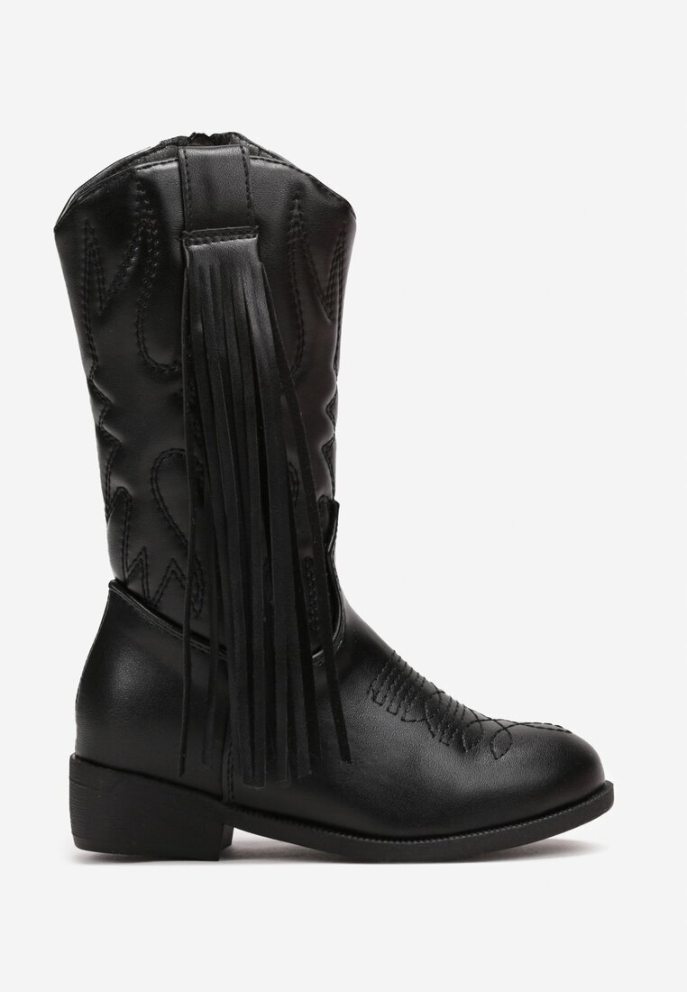  Botine Negre Cowboy cu Talpă Plată cu Franjuri Sandimes