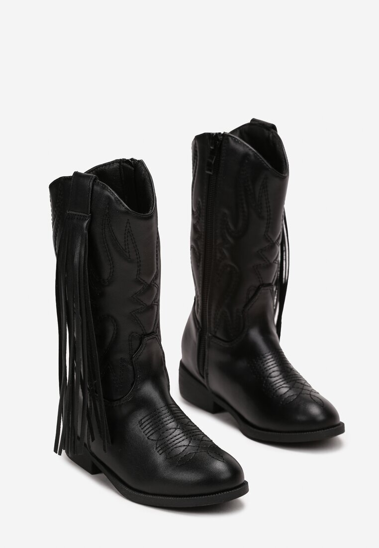  Botine Negre Cowboy cu Talpă Plată cu Franjuri Sandimes