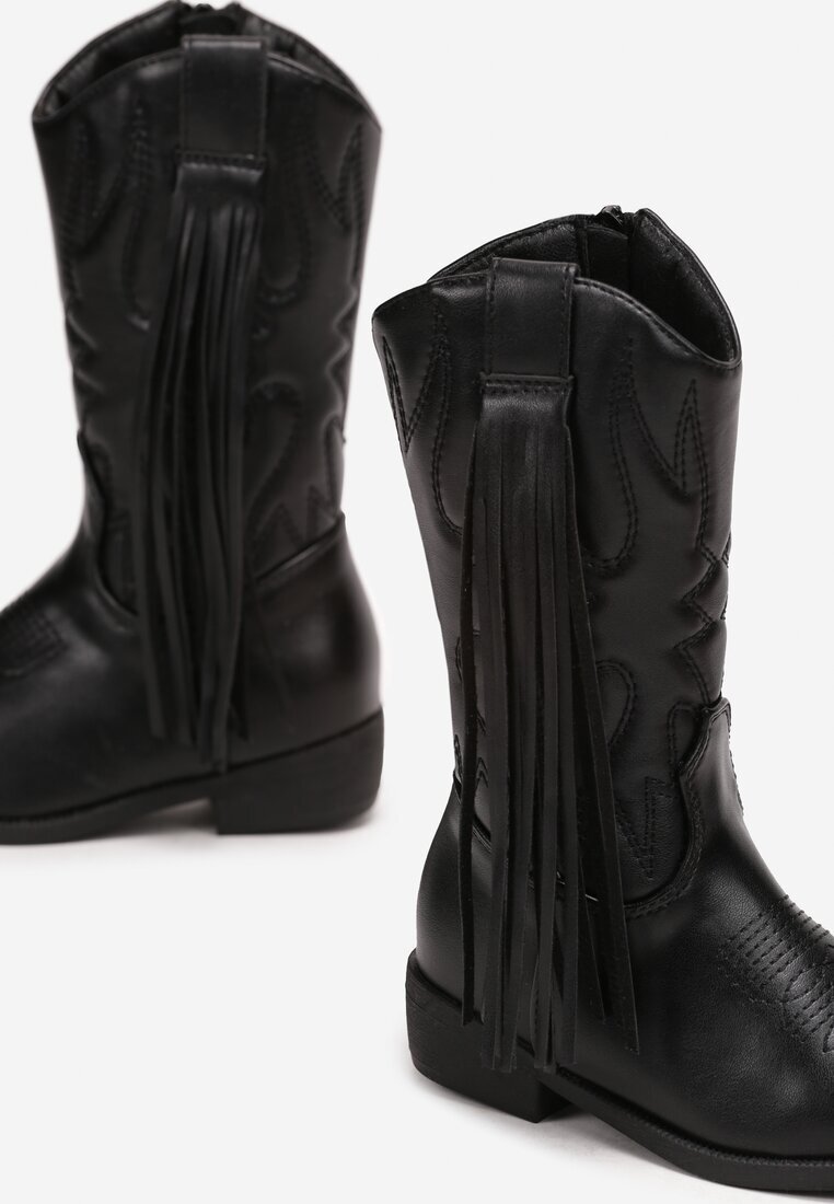  Botine Negre Cowboy cu Talpă Plată cu Franjuri Sandimes