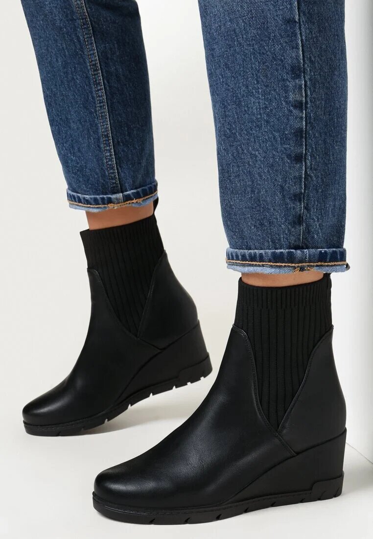  Botine Negre cu Gambă Elastică pe Toc Pană Ouban