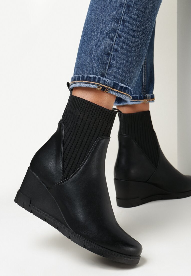  Botine Negre cu Gambă Elastică pe Toc Pană Ouban